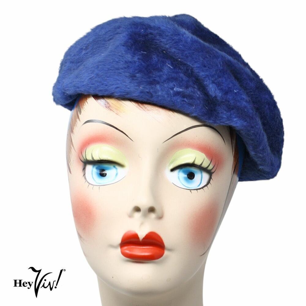 Vintage Suzanne Mode Duchess Blue Faux Fur Beret Style Hat Body Italy - Hey Viv